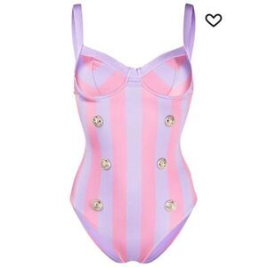 Balmain one piece swimsuit Double Breasted Lion head Button Stripped sz 8 US